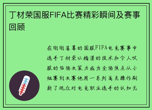 丁材荣国服FIFA比赛精彩瞬间及赛事回顾